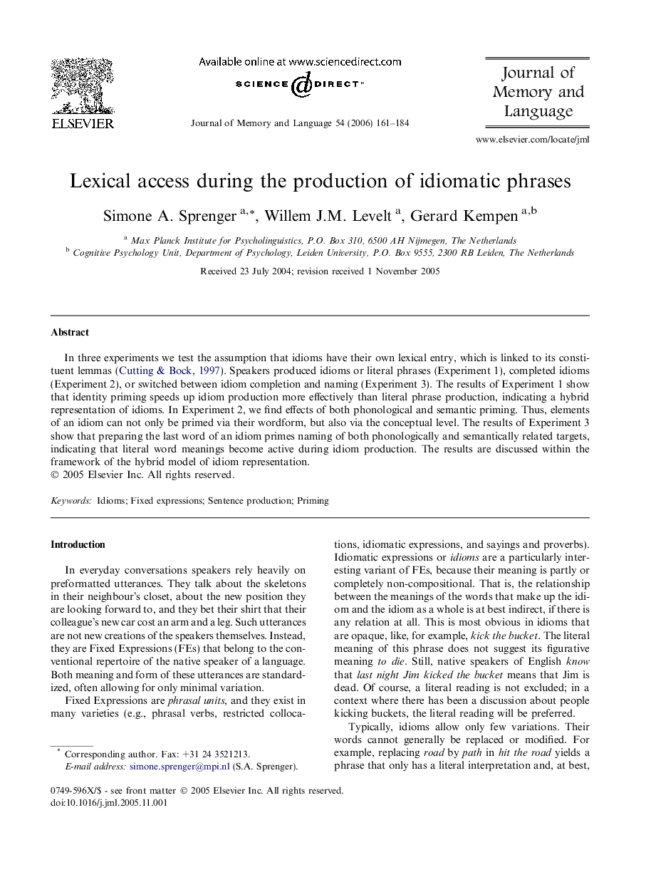 Lexical access during the production of idiomatic phrases