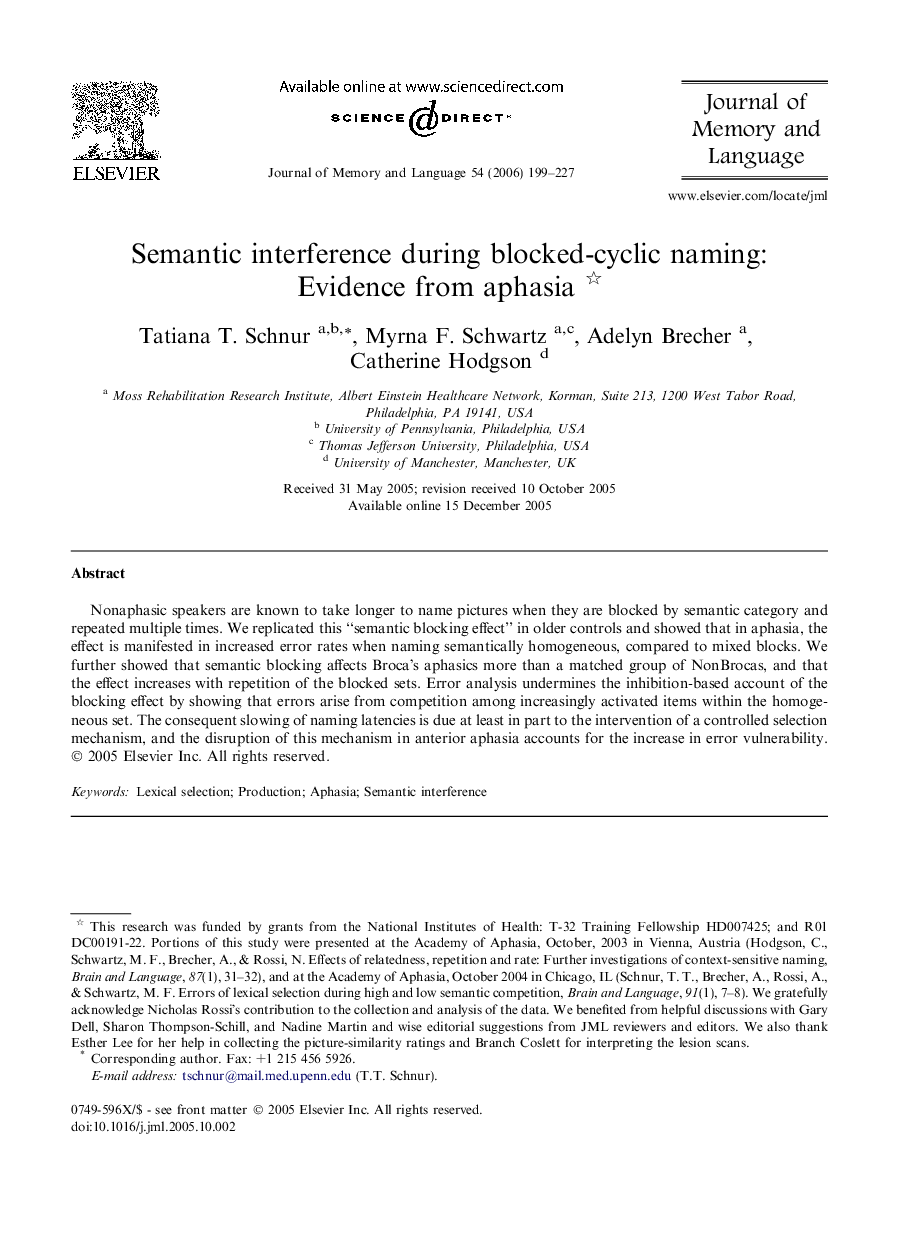 Semantic interference during blocked-cyclic naming: Evidence from aphasia 