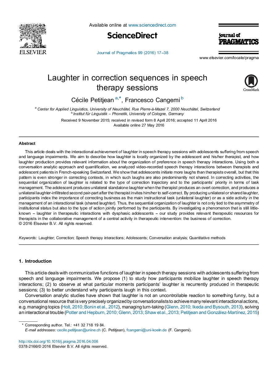 Laughter in correction sequences in speech therapy sessions