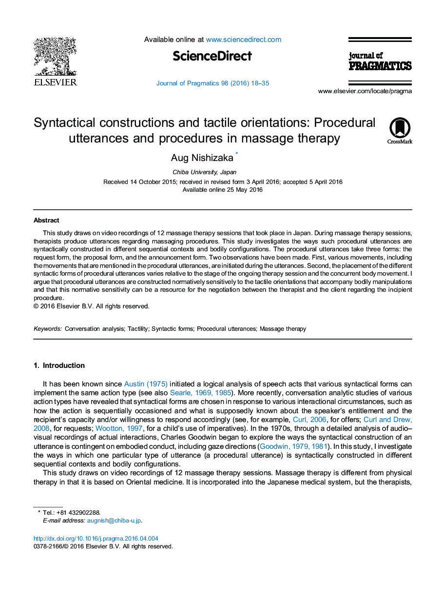 Syntactical constructions and tactile orientations: Procedural utterances and procedures in massage therapy