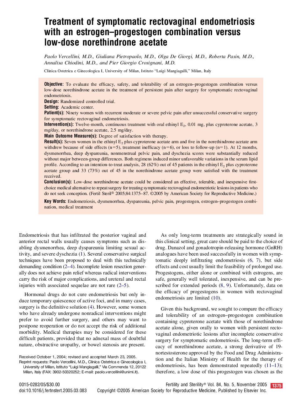 Treatment of symptomatic rectovaginal endometriosis with an estrogen-progestogen combination versus low-dose norethindrone acetate