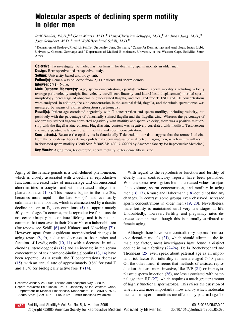 Molecular aspects of declining sperm motility in older men