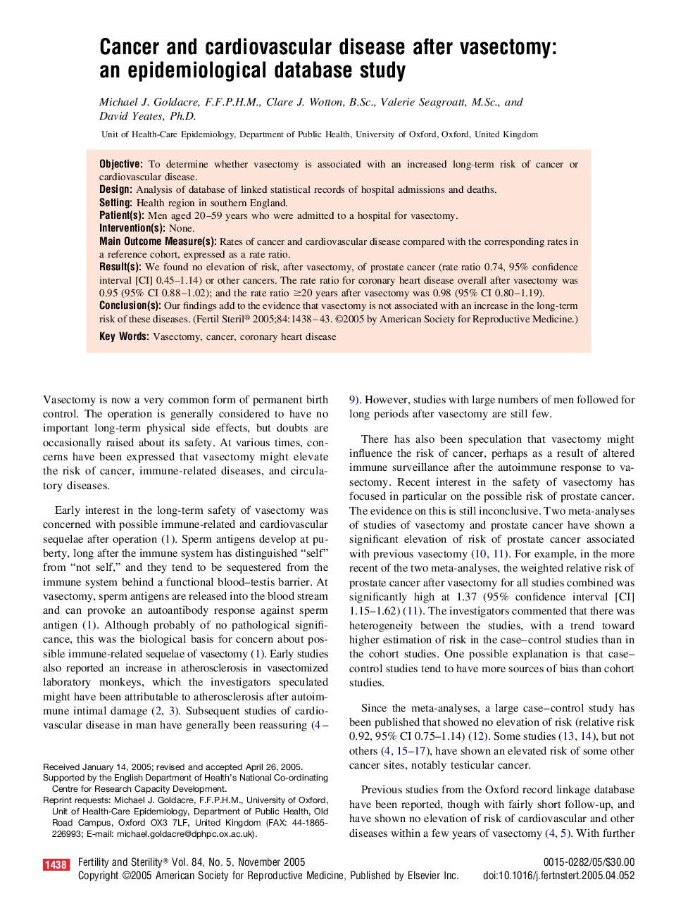 Cancer and cardiovascular disease after vasectomy: an epidemiological database study