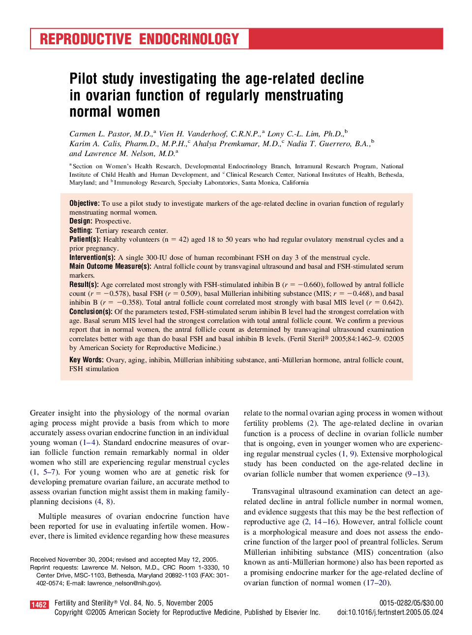 Pilot study investigating the age-related decline in ovarian function of regularly menstruating normal women