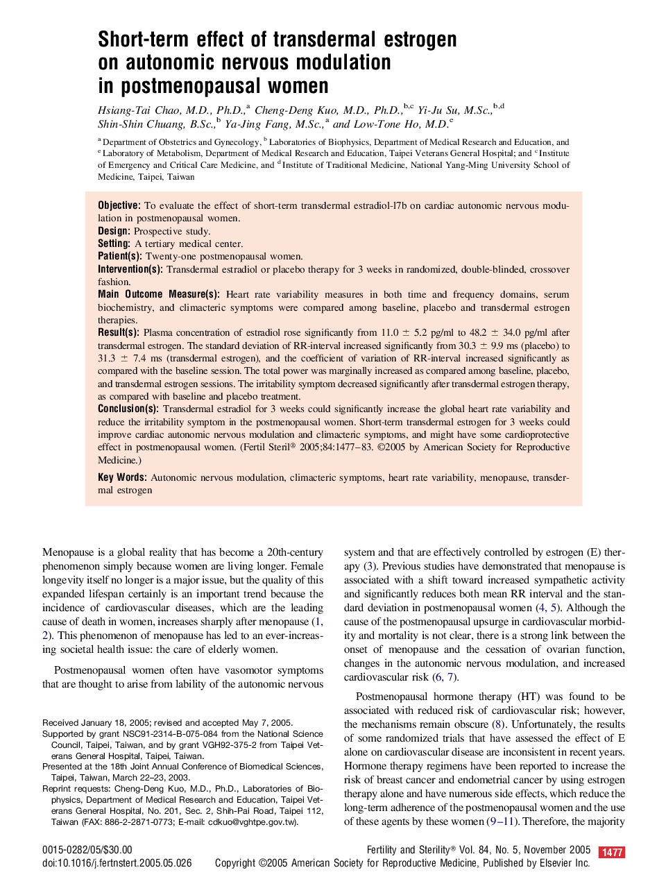 Short-term effect of transdermal estrogen on autonomic nervous modulation in postmenopausal women