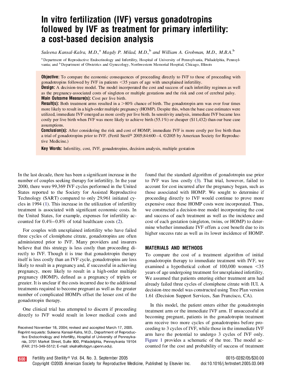 In vitro fertilization (IVF) versus gonadotropins followed by IVF as treatment for primary infertility: a cost-based decision analysis