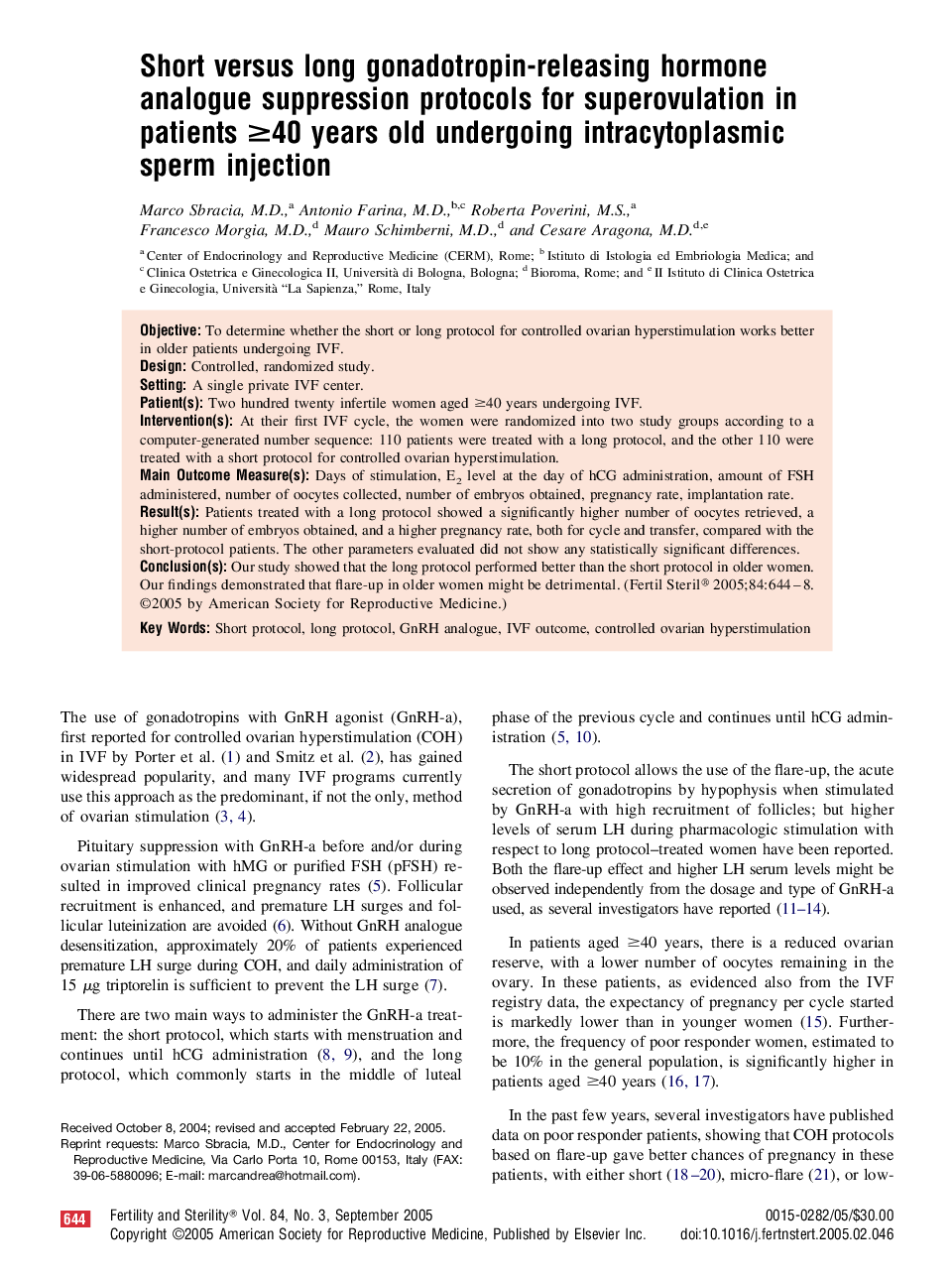 Short versus long gonadotropin-releasing hormone analogue suppression protocols for superovulation in patients â¥40 years old undergoing intracytoplasmic sperm injection