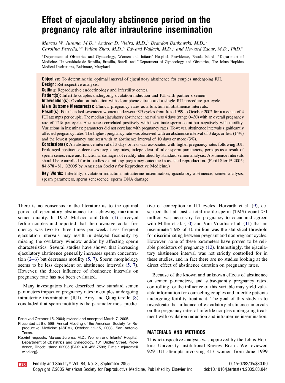 Effect of ejaculatory abstinence period on the pregnancy rate after intrauterine insemination