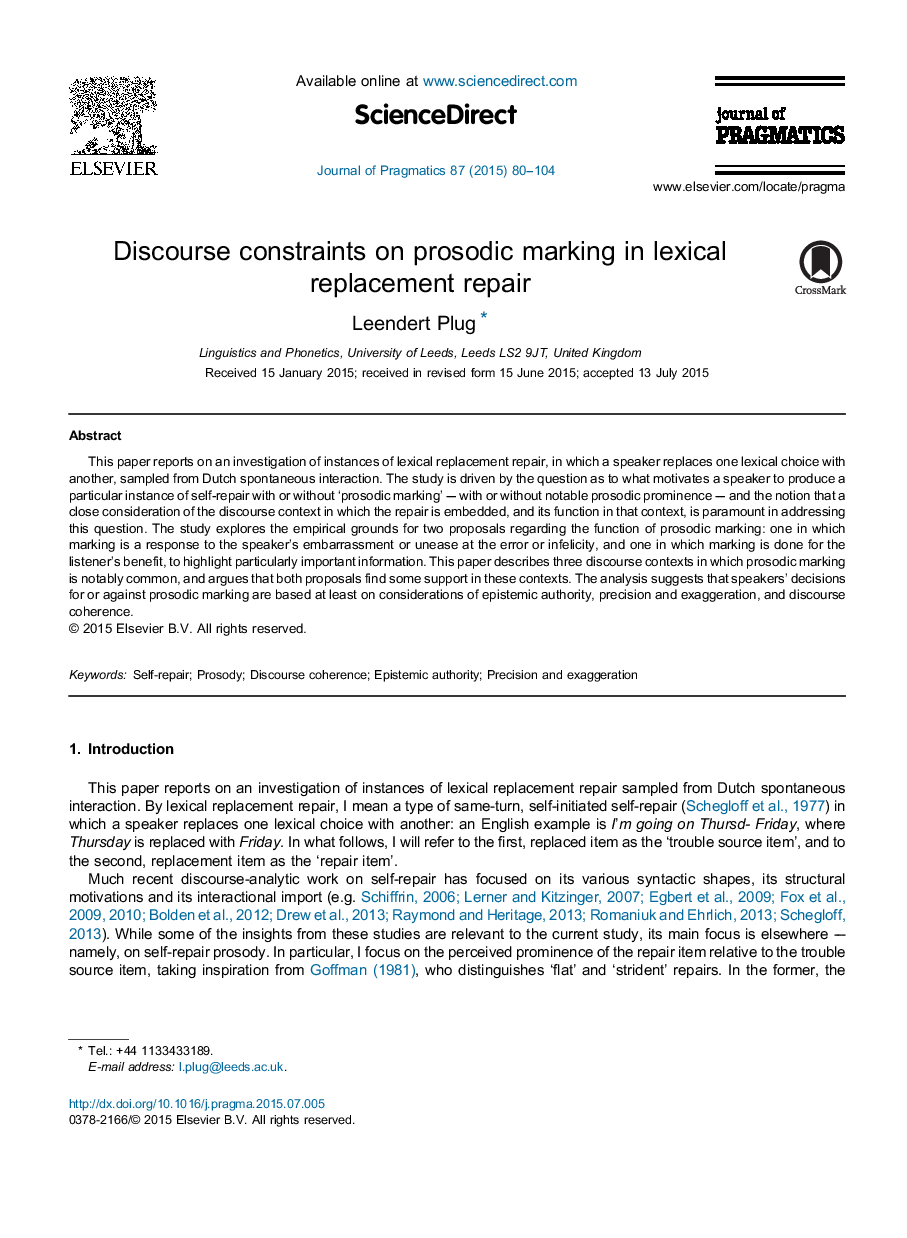 Discourse constraints on prosodic marking in lexical replacement repair