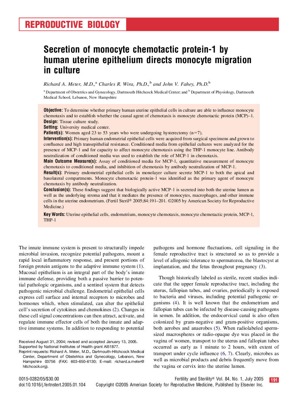 Secretion of monocyte chemotactic protein-1 by human uterine epithelium directs monocyte migration in culture