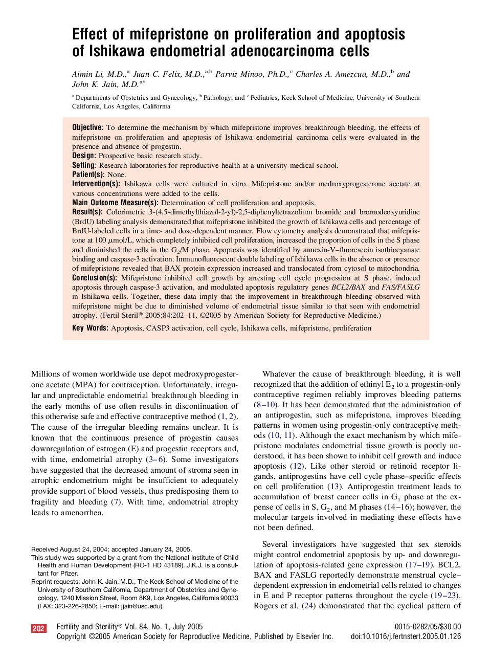 Effect of mifepristone on proliferation and apoptosis of Ishikawa endometrial adenocarcinoma cells