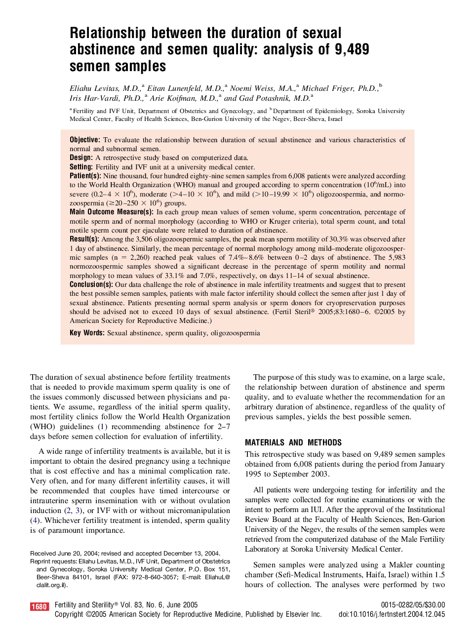 Relationship between the duration of sexual abstinence and semen quality: analysis of 9,489 semen samples