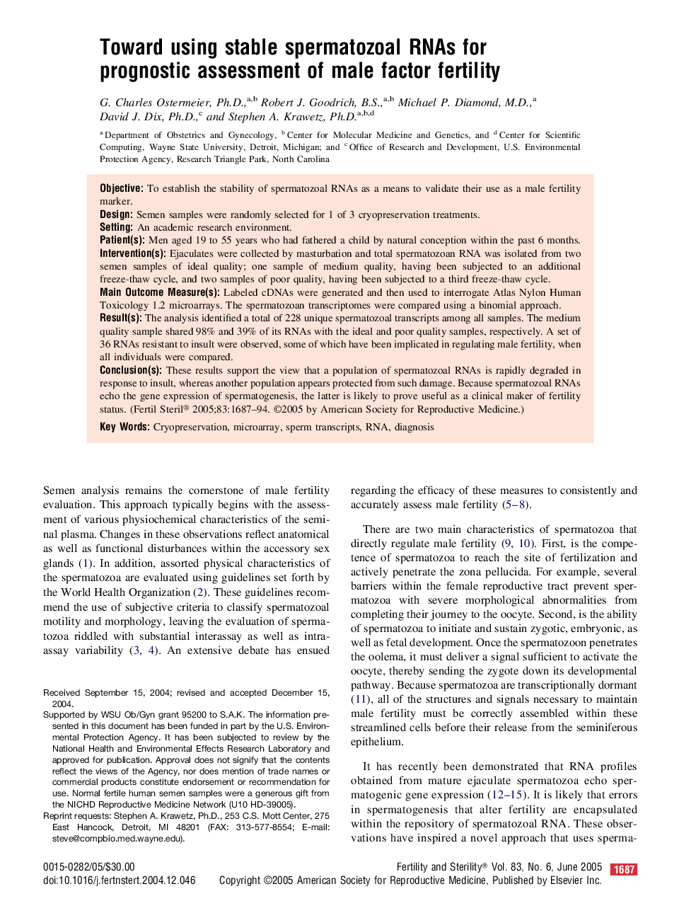 Toward using stable spermatozoal RNAs for prognostic assessment of male factor fertility