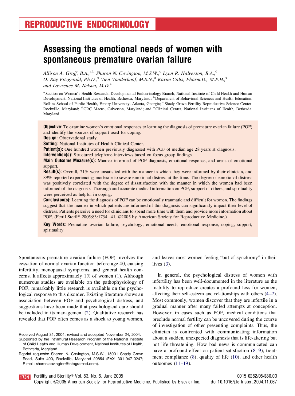 Assessing the emotional needs of women with spontaneous premature ovarian failure