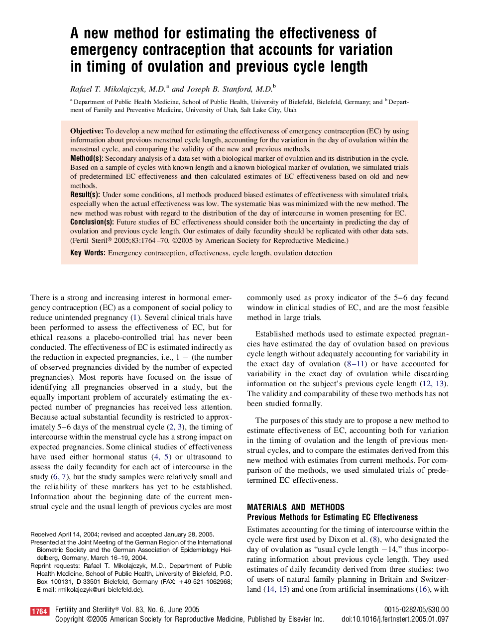 A new method for estimating the effectiveness of emergency contraception that accounts for variation in timing of ovulation and previous cycle length