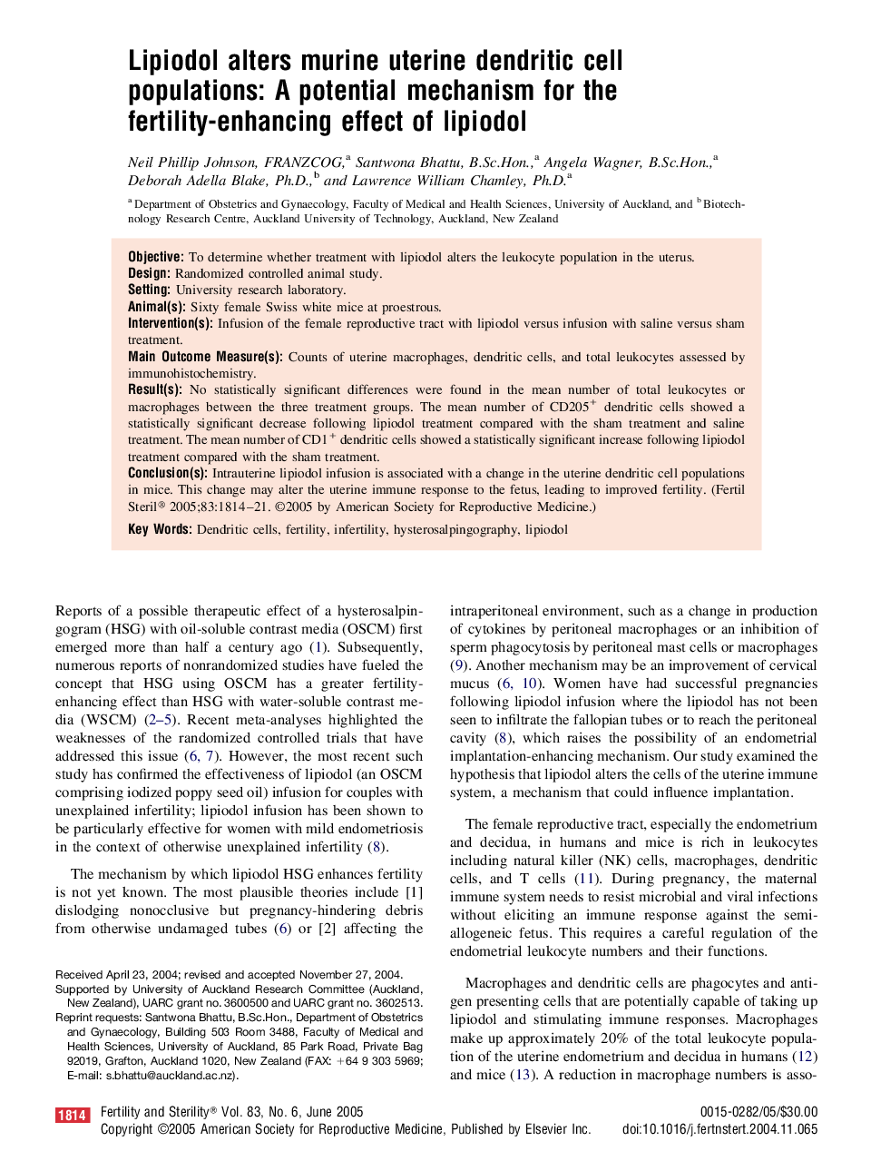 Lipiodol alters murine uterine dendritic cell populations: A potential mechanism for the fertility-enhancing effect of lipiodol