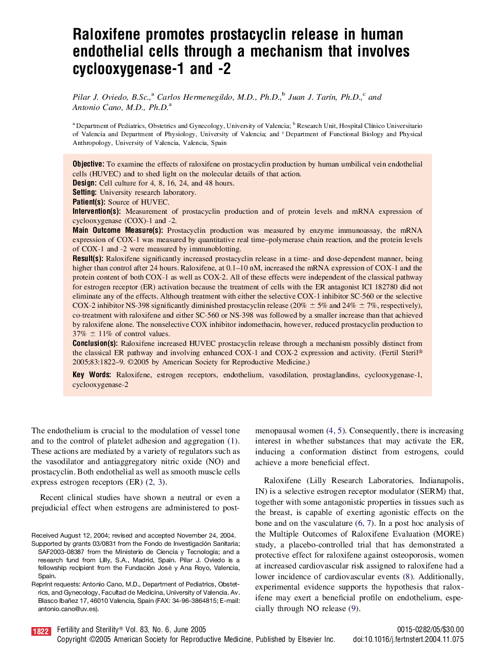 Raloxifene promotes prostacyclin release in human endothelial cells through a mechanism that involves cyclooxygenase-1 and -2