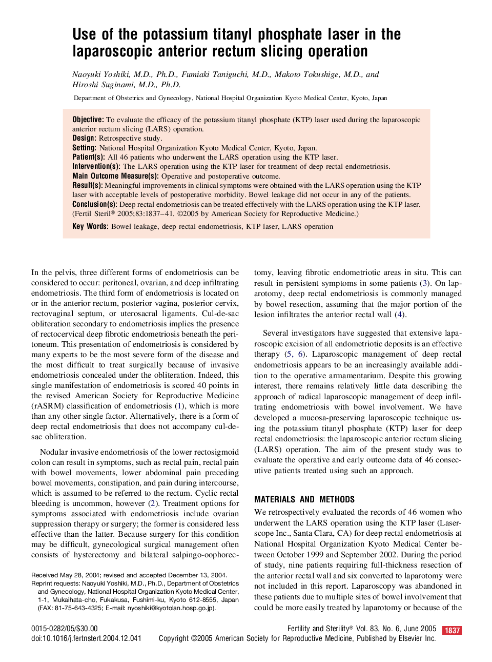 Use of the potassium titanyl phosphate laser in the laparoscopic anterior rectum slicing operation