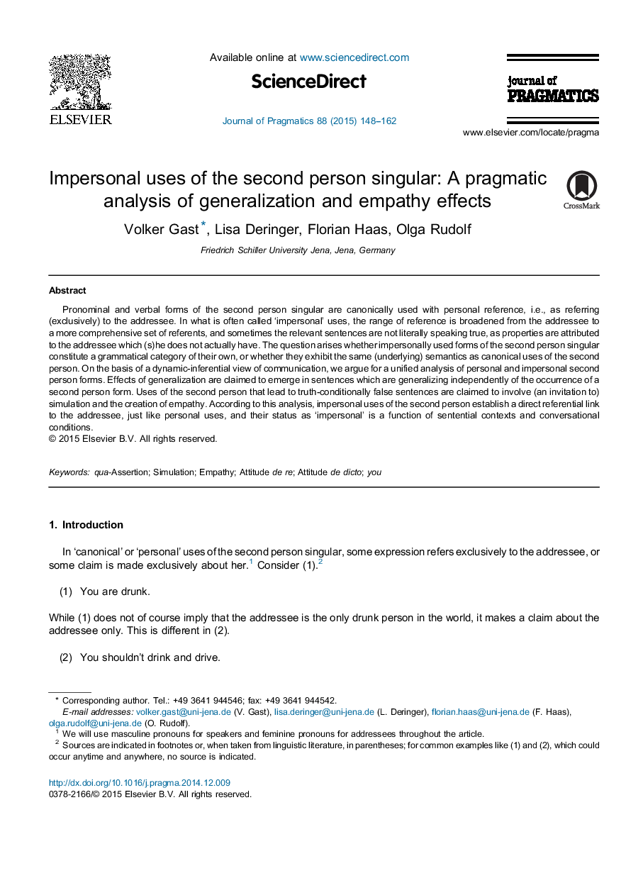 Impersonal uses of the second person singular: A pragmatic analysis of generalization and empathy effects