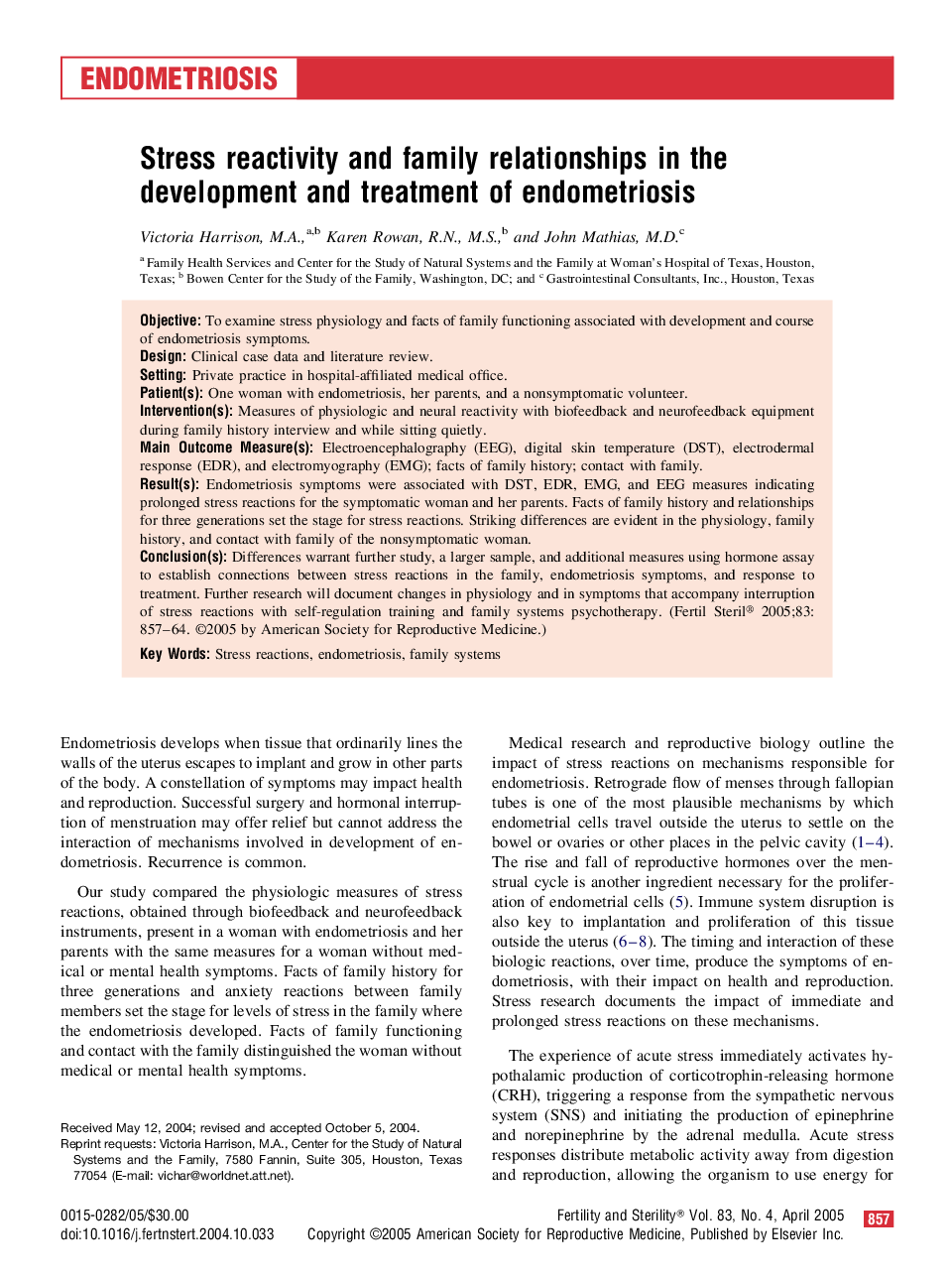 Stress reactivity and family relationships in the development and treatment of endometriosis