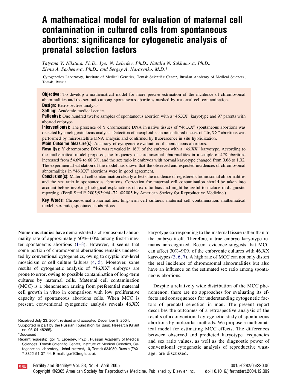 A mathematical model for evaluation of maternal cell contamination in cultured cells from spontaneous abortions: Significance for cytogenetic analysis of prenatal selection factors