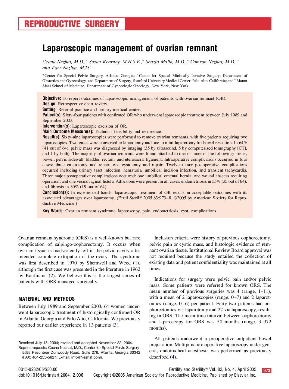 Laparoscopic management of ovarian remnant