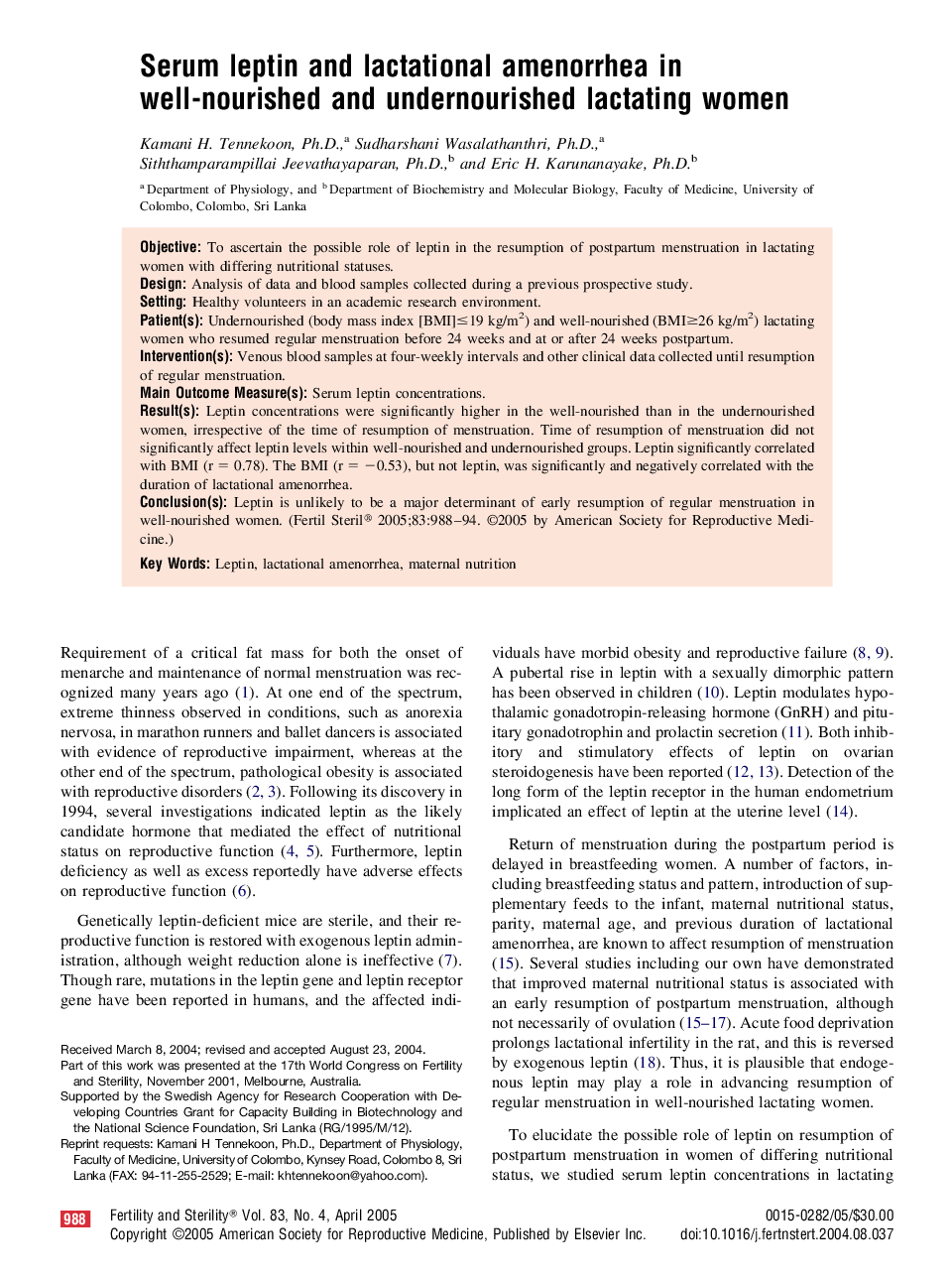 Serum leptin and lactational amenorrhea in well-nourished and undernourished lactating women