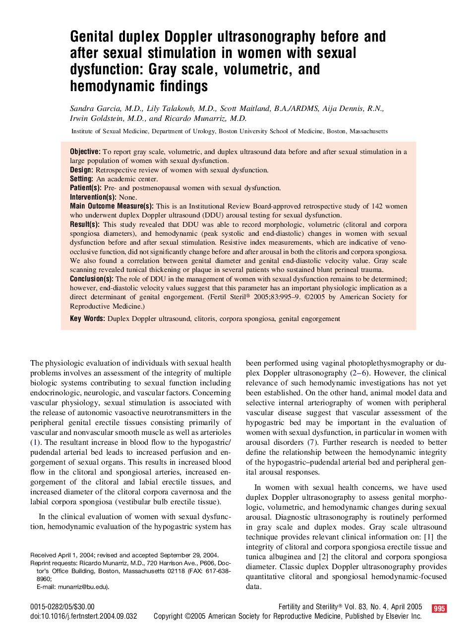 Genital duplex Doppler ultrasonography before and after sexual stimulation in women with sexual dysfunction: Gray scale, volumetric, and hemodynamic findings