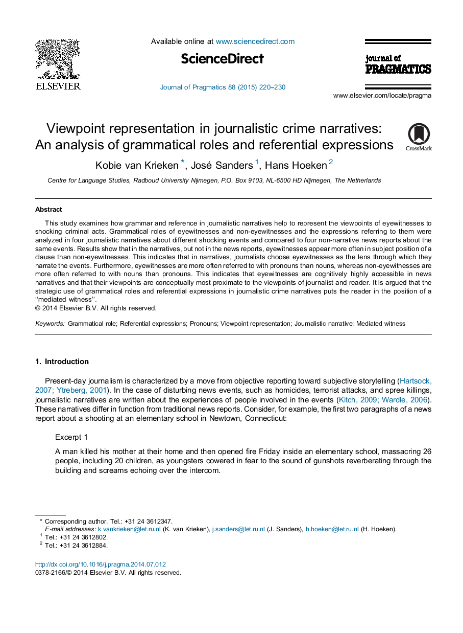 نمایندگی دیدگاه در روایت های جنایی روزنامه نگاری: تجزیه و تحلیل نقش های دستوری و عبارات ارجاعی 