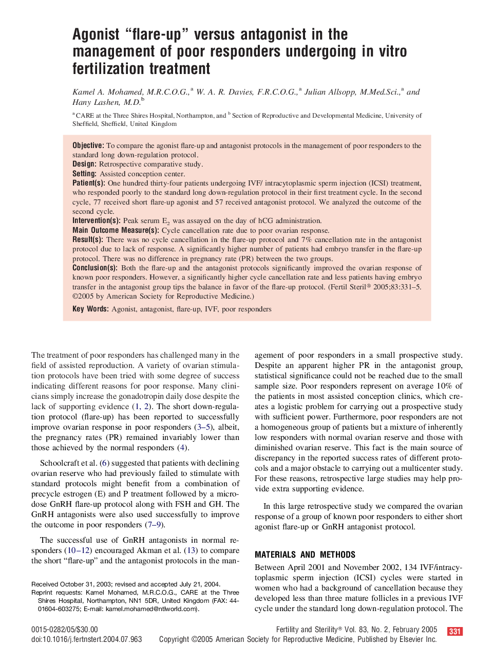 Agonist “flare-up” versus antagonist in the management of poor responders undergoing in vitro fertilization treatment