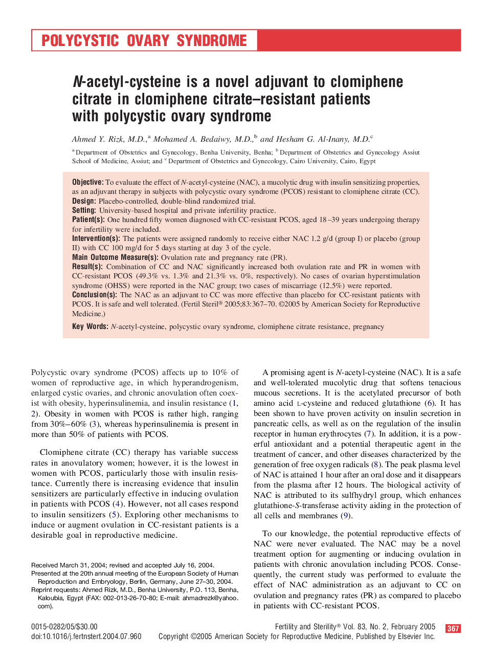 N-acetyl-cysteine is a novel adjuvant to clomiphene citrate in clomiphene citrate-resistant patients with polycystic ovary syndrome