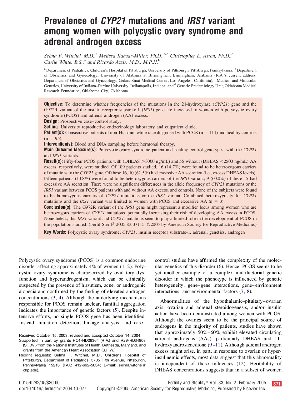 Prevalence of CYP21 mutations and IRS1 variant among women with polycystic ovary syndrome and adrenal androgen excess