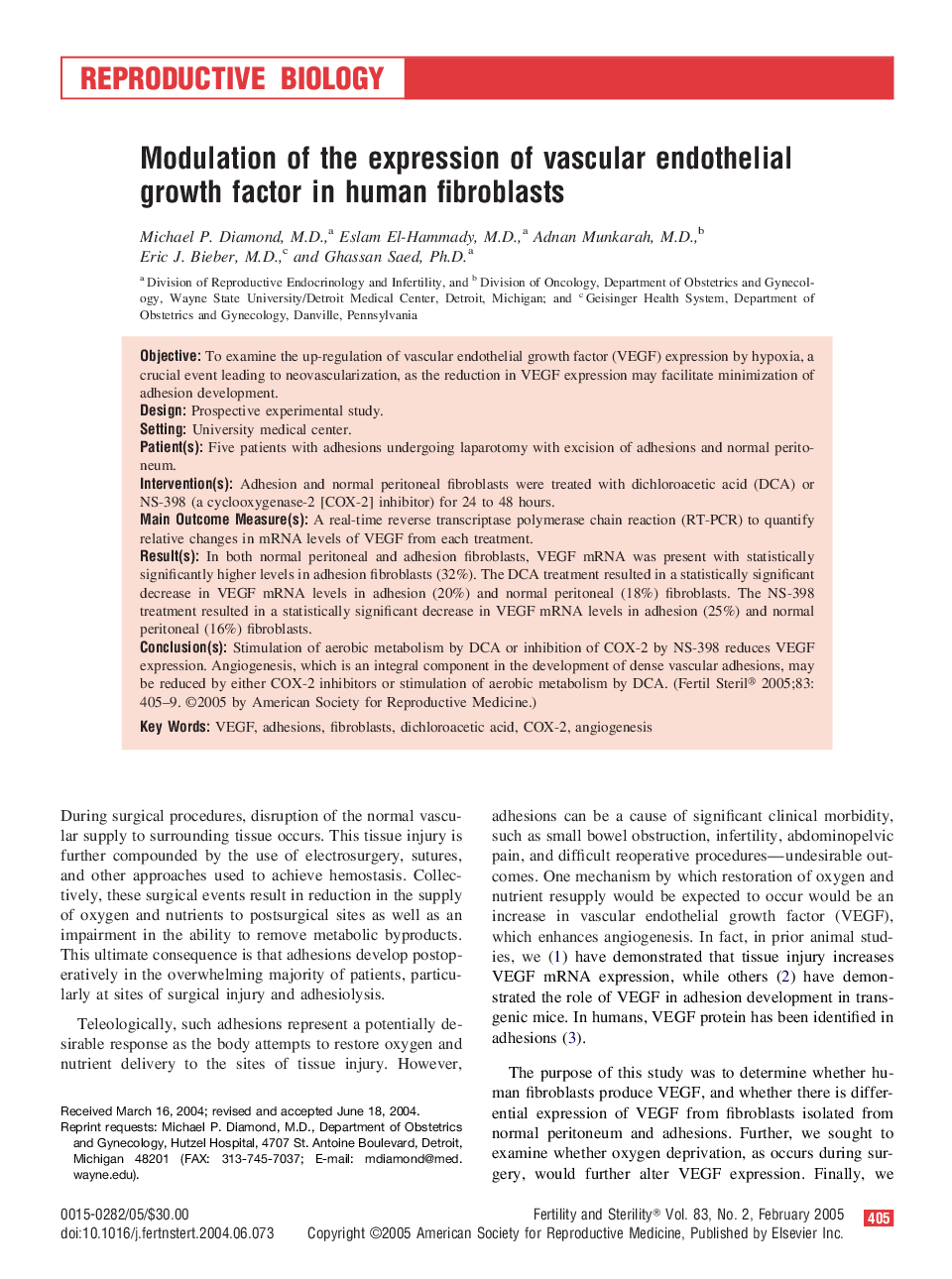 Modulation of the expression of vascular endothelial growth factor in human fibroblasts