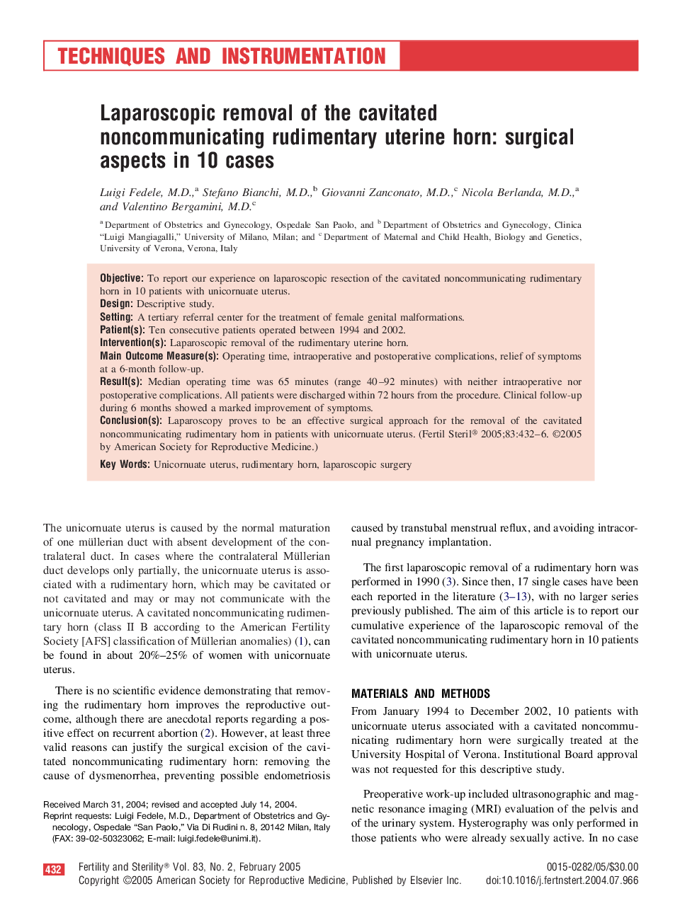 Laparoscopic removal of the cavitated noncommunicating rudimentary uterine horn: Surgical aspects in 10 cases