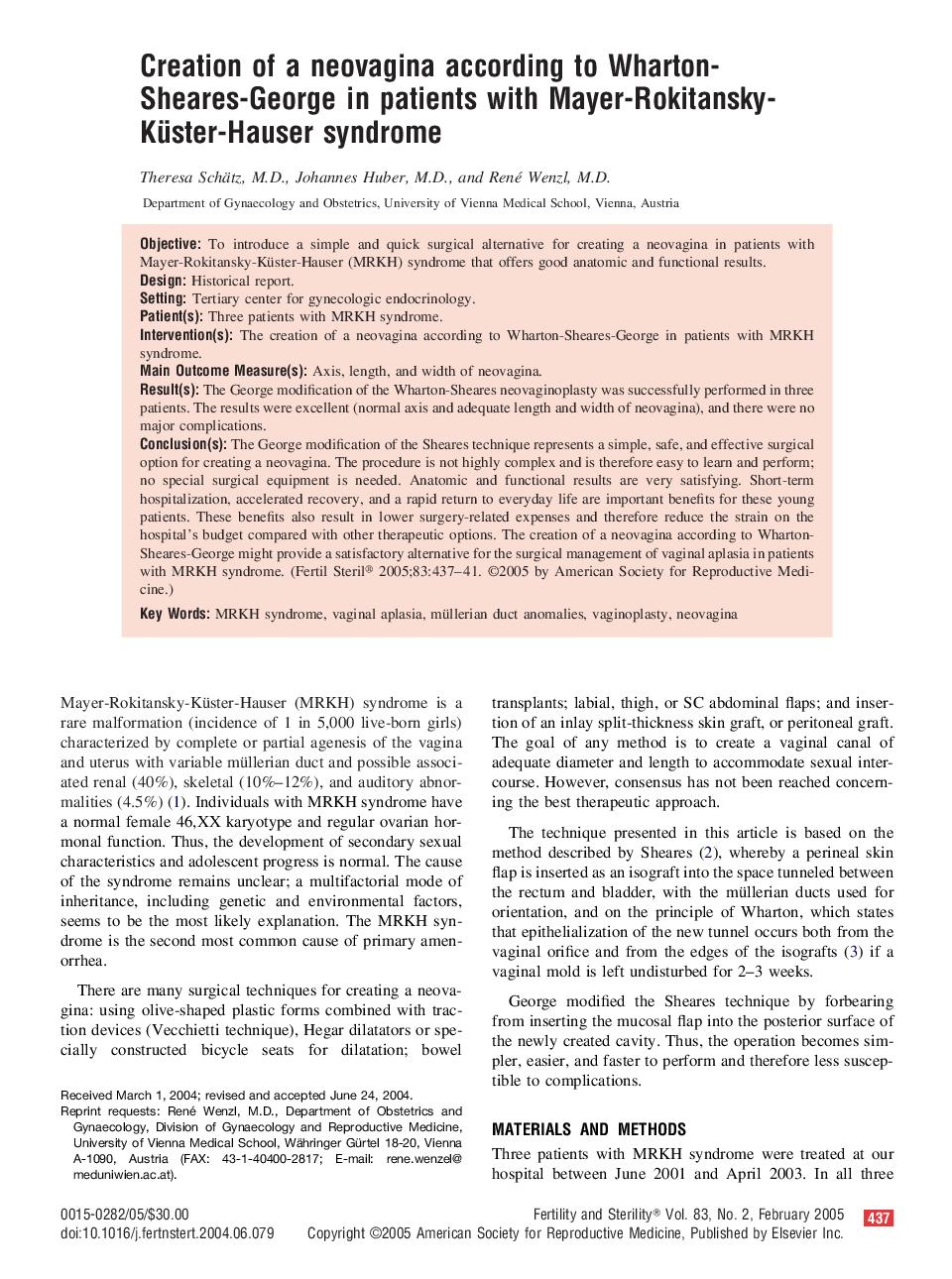 Creation of a neovagina according to Wharton-Sheares-George in patients with Mayer-Rokitansky-Küster-Hauser syndrome