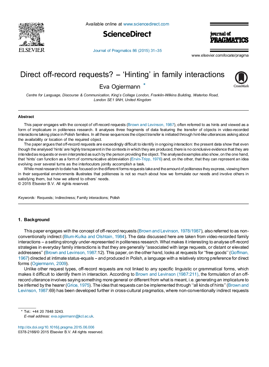 Direct off-record requests? – ‘Hinting’ in family interactions