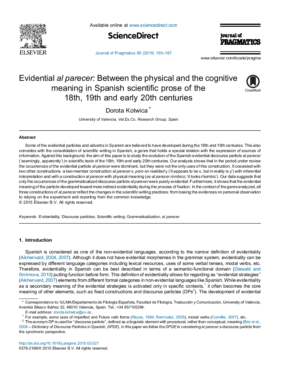 Evidential al parecer: Between the physical and the cognitive meaning in Spanish scientific prose of the 18th, 19th and early 20th centuries