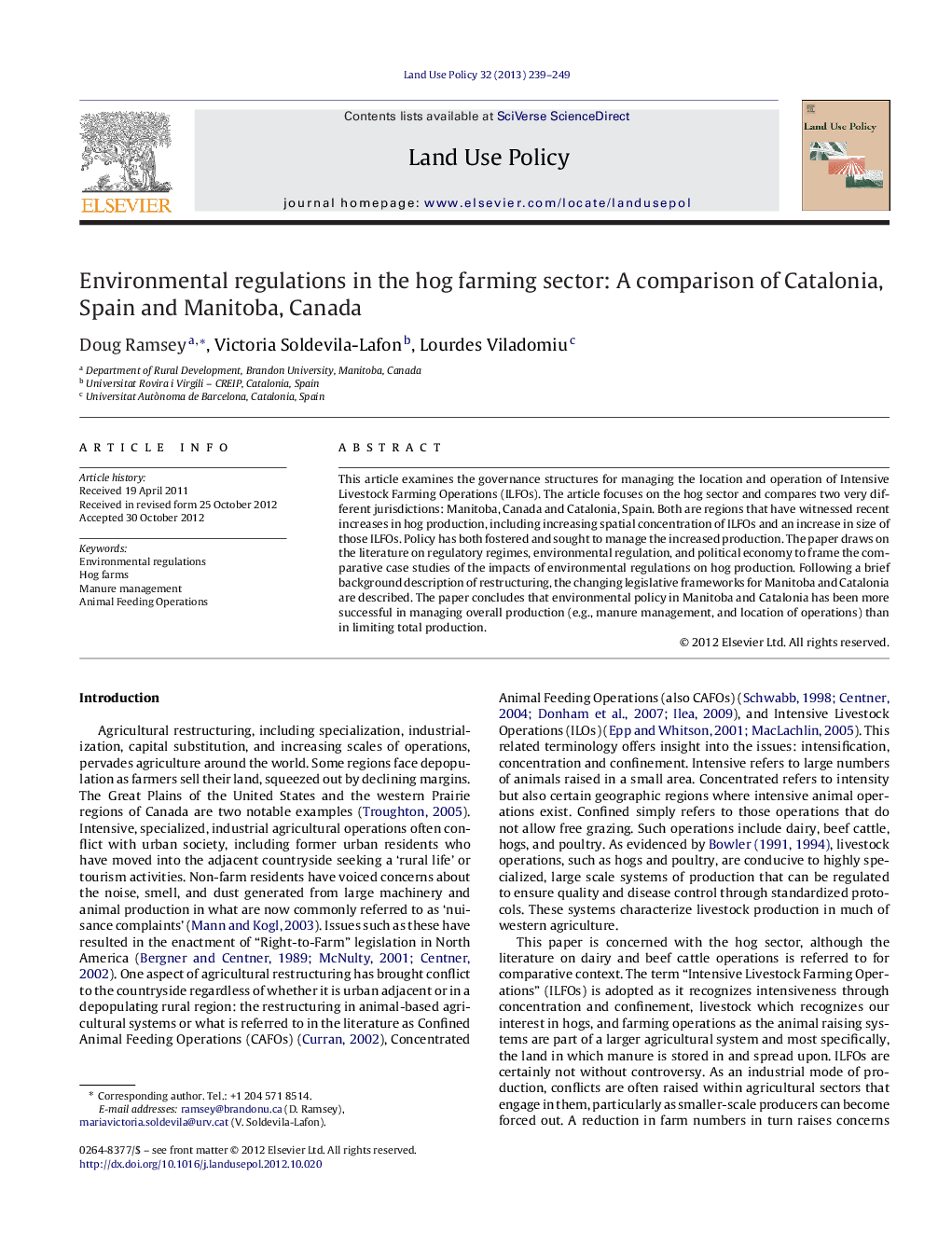 Environmental regulations in the hog farming sector: A comparison of Catalonia, Spain and Manitoba, Canada