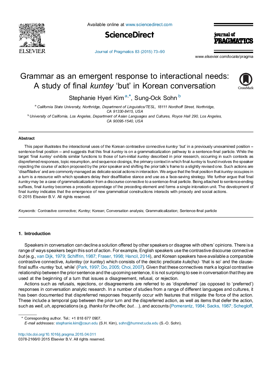 Grammar as an emergent response to interactional needs: A study of final kuntey ‘but’ in Korean conversation