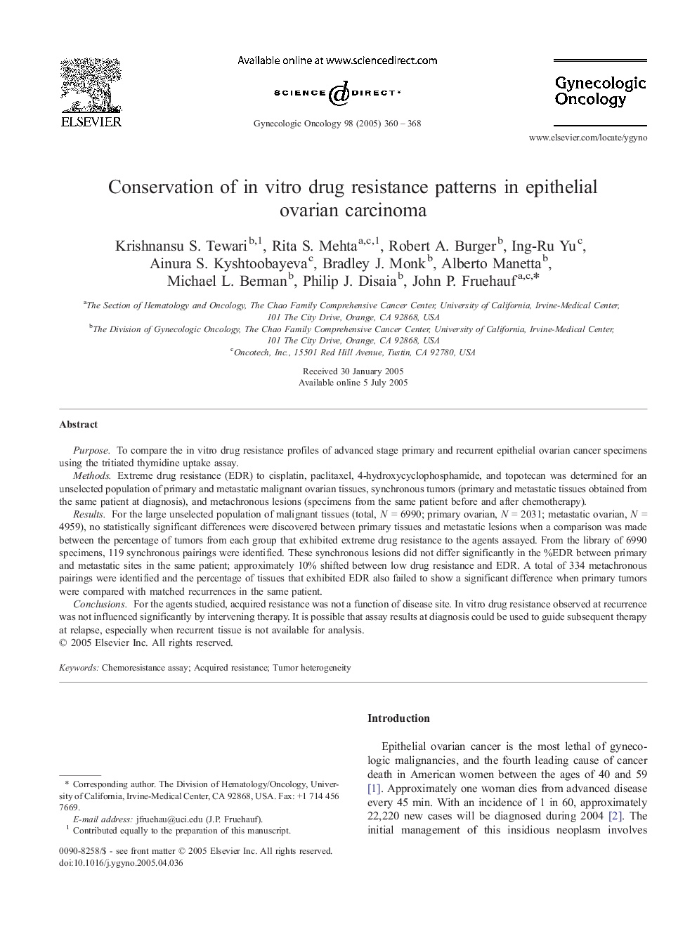 Conservation of in vitro drug resistance patterns in epithelial ovarian carcinoma