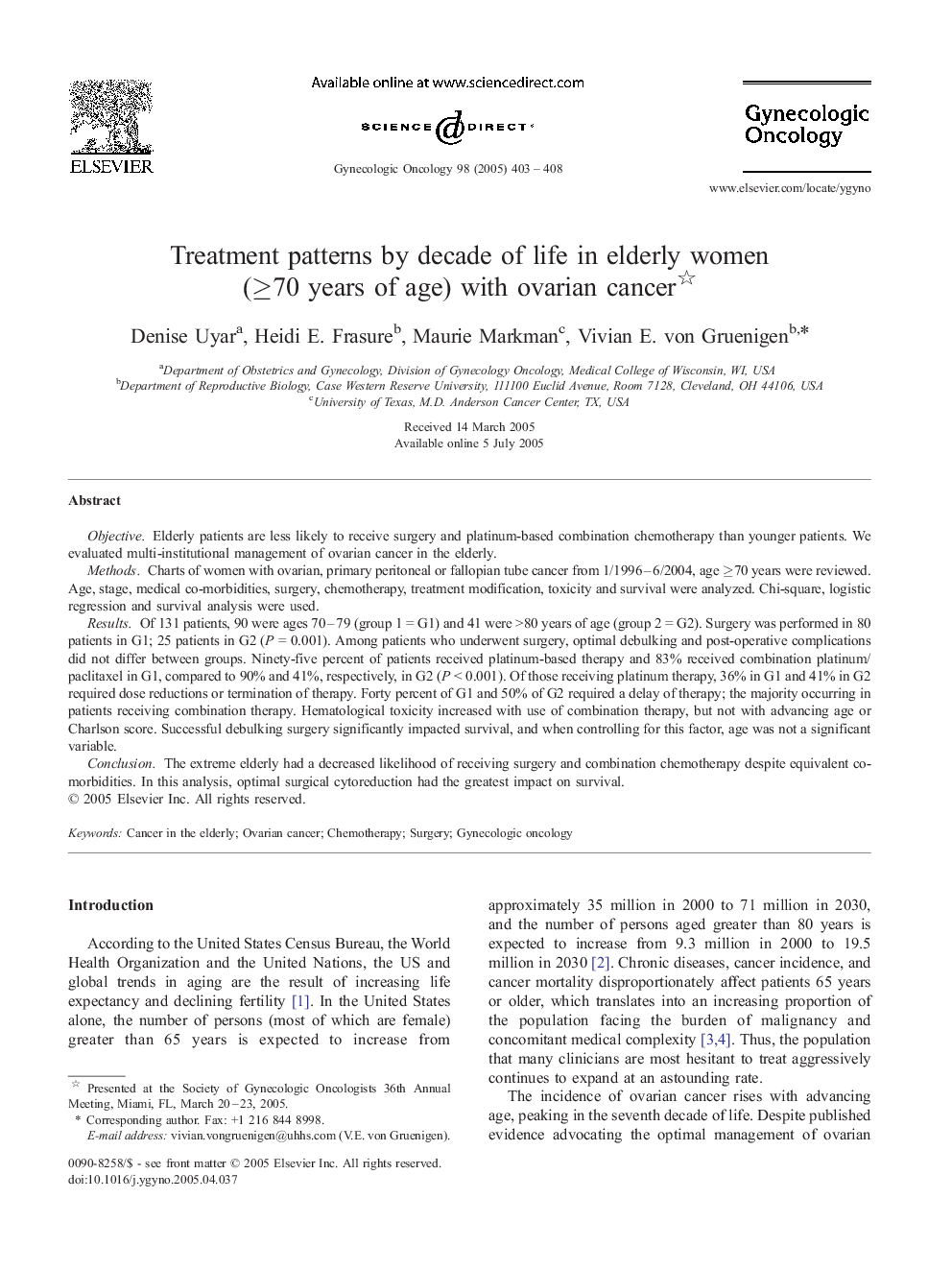 Treatment patterns by decade of life in elderly women (â¥70 years of age) with ovarian cancer