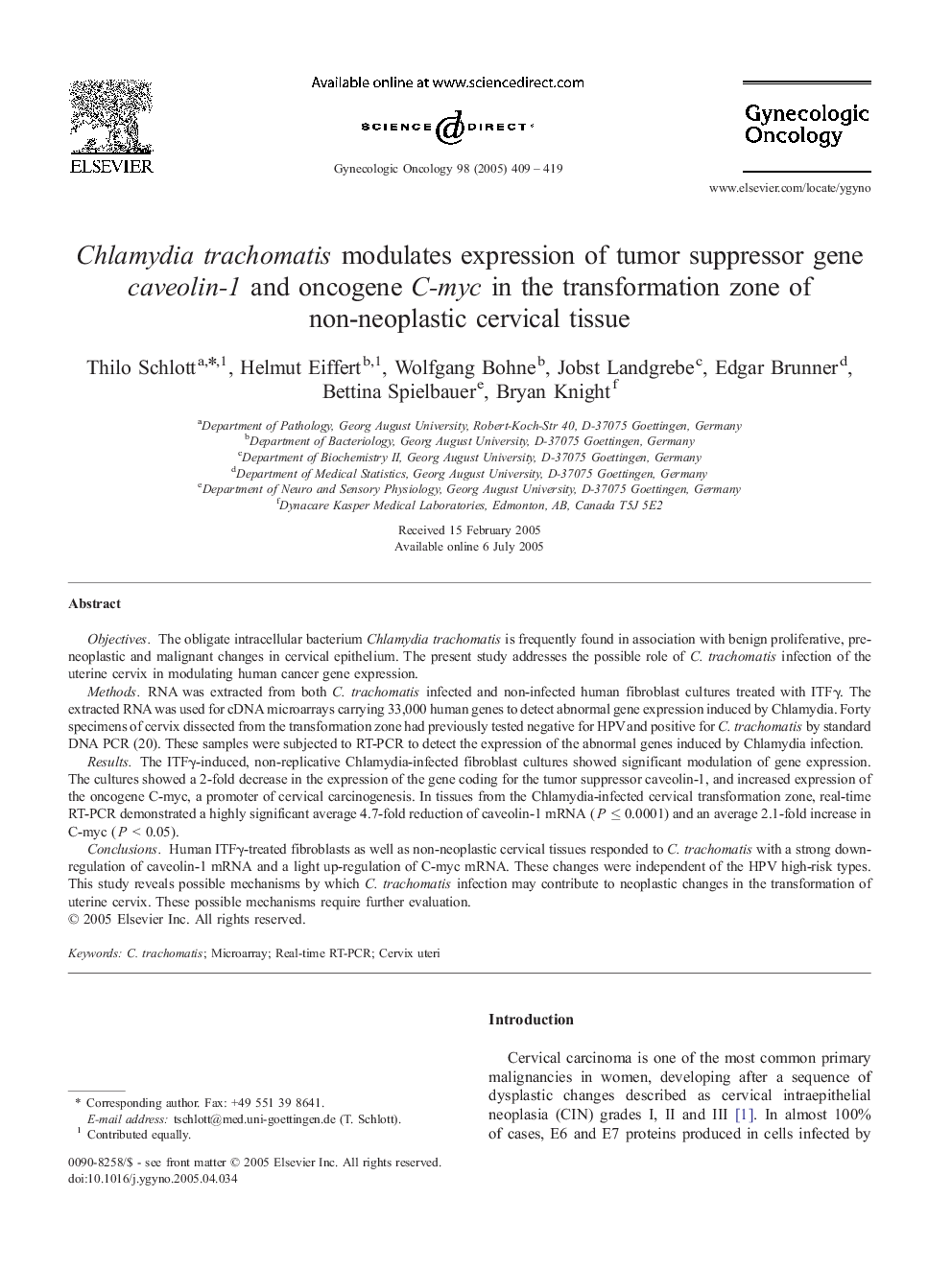 Chlamydia trachomatis modulates expression of tumor suppressor gene caveolin-1 and oncogene C-myc in the transformation zone of non-neoplastic cervical tissue