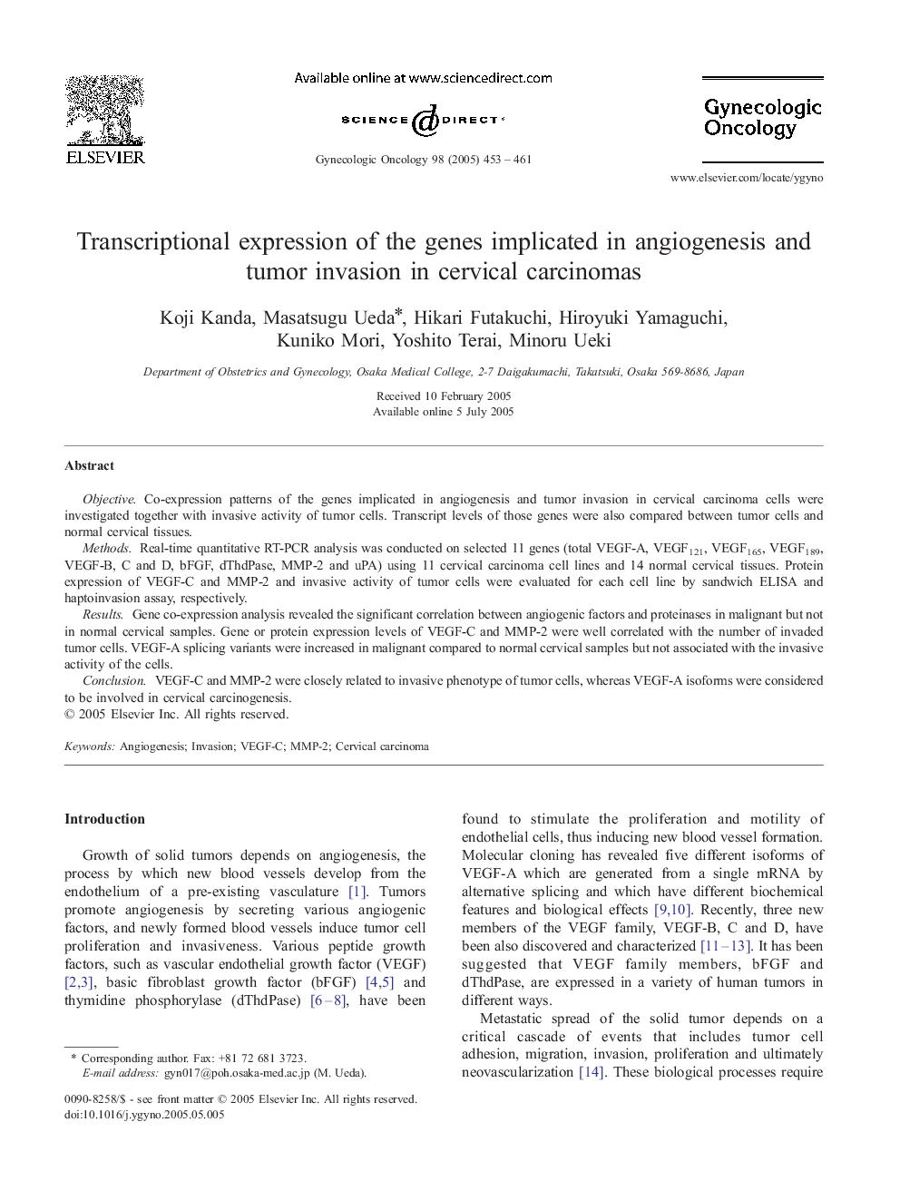 Transcriptional expression of the genes implicated in angiogenesis and tumor invasion in cervical carcinomas