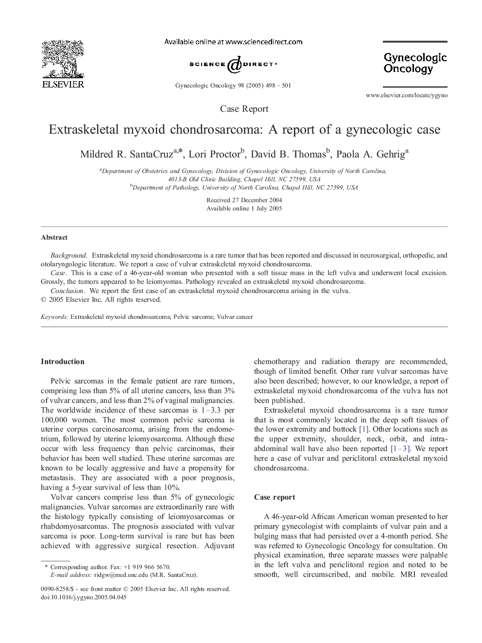 Extraskeletal myxoid chondrosarcoma: A report of a gynecologic case