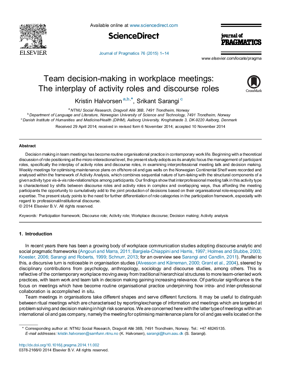 Team decision-making in workplace meetings: The interplay of activity roles and discourse roles