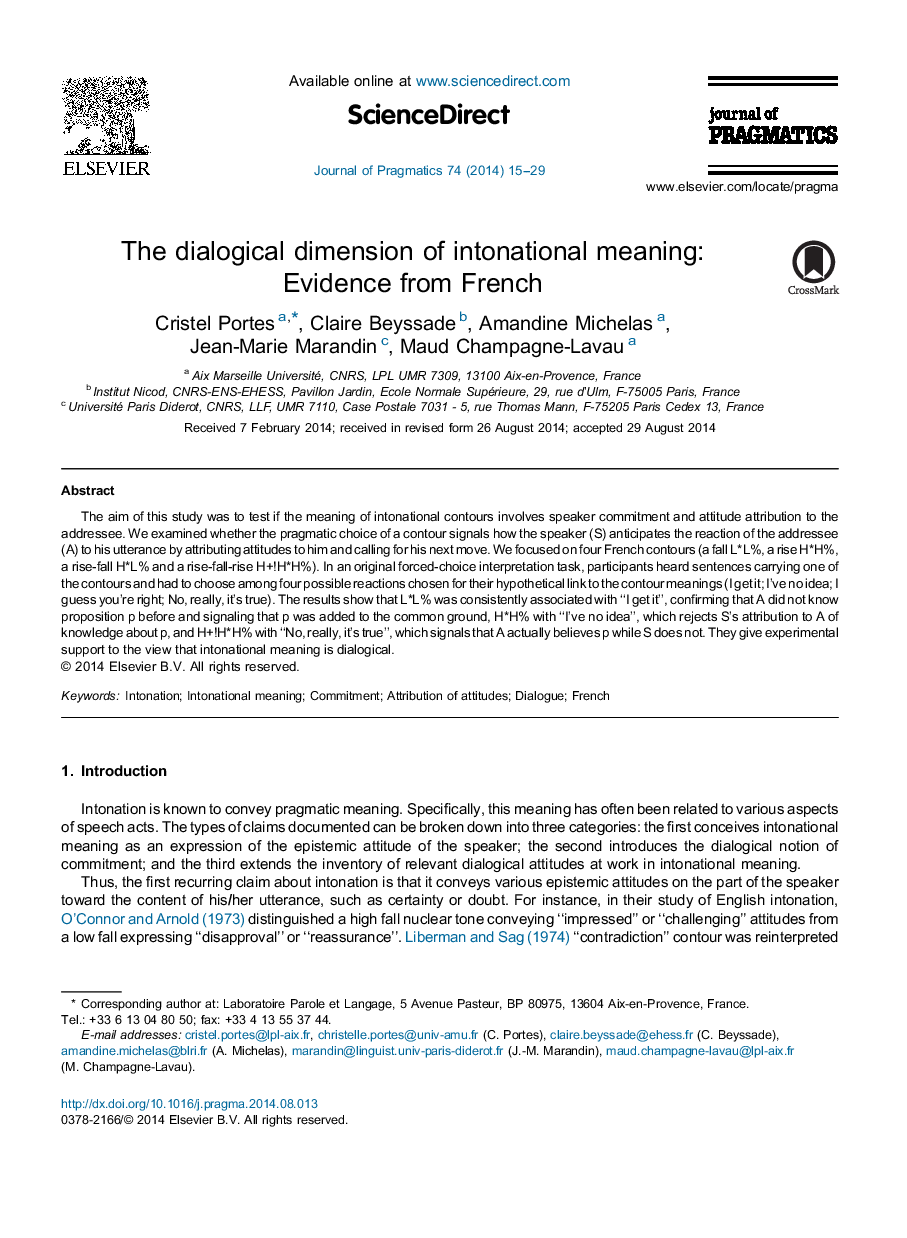 The dialogical dimension of intonational meaning: Evidence from French