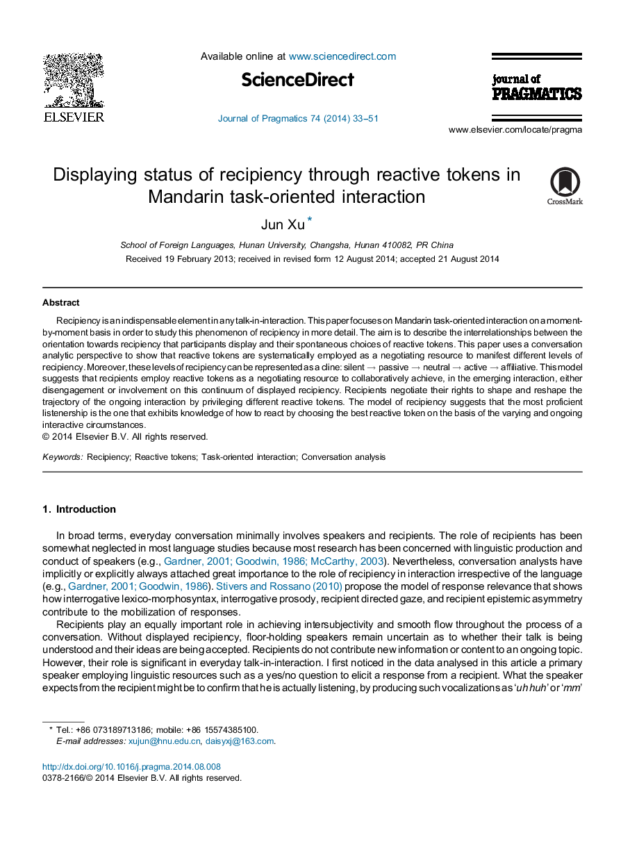 Displaying status of recipiency through reactive tokens in Mandarin task-oriented interaction