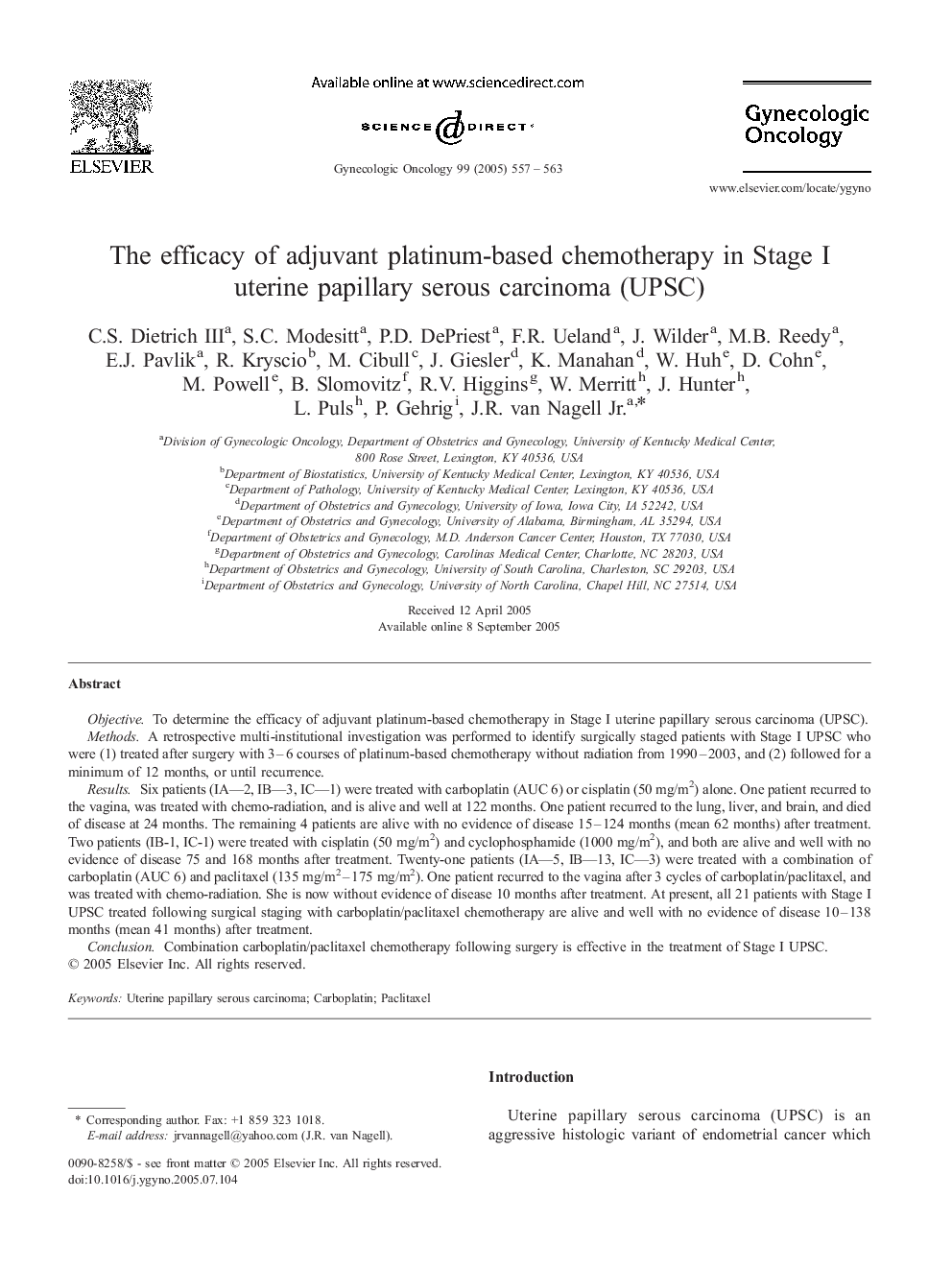 The efficacy of adjuvant platinum-based chemotherapy in Stage I uterine papillary serous carcinoma (UPSC)