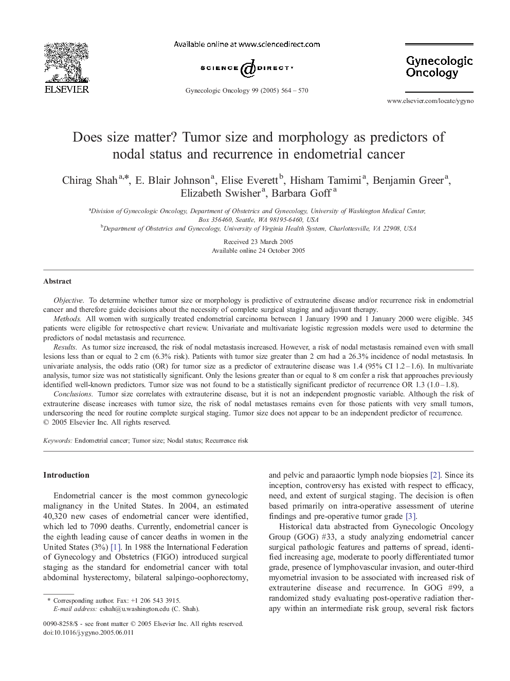 Does size matter? Tumor size and morphology as predictors of nodal status and recurrence in endometrial cancer