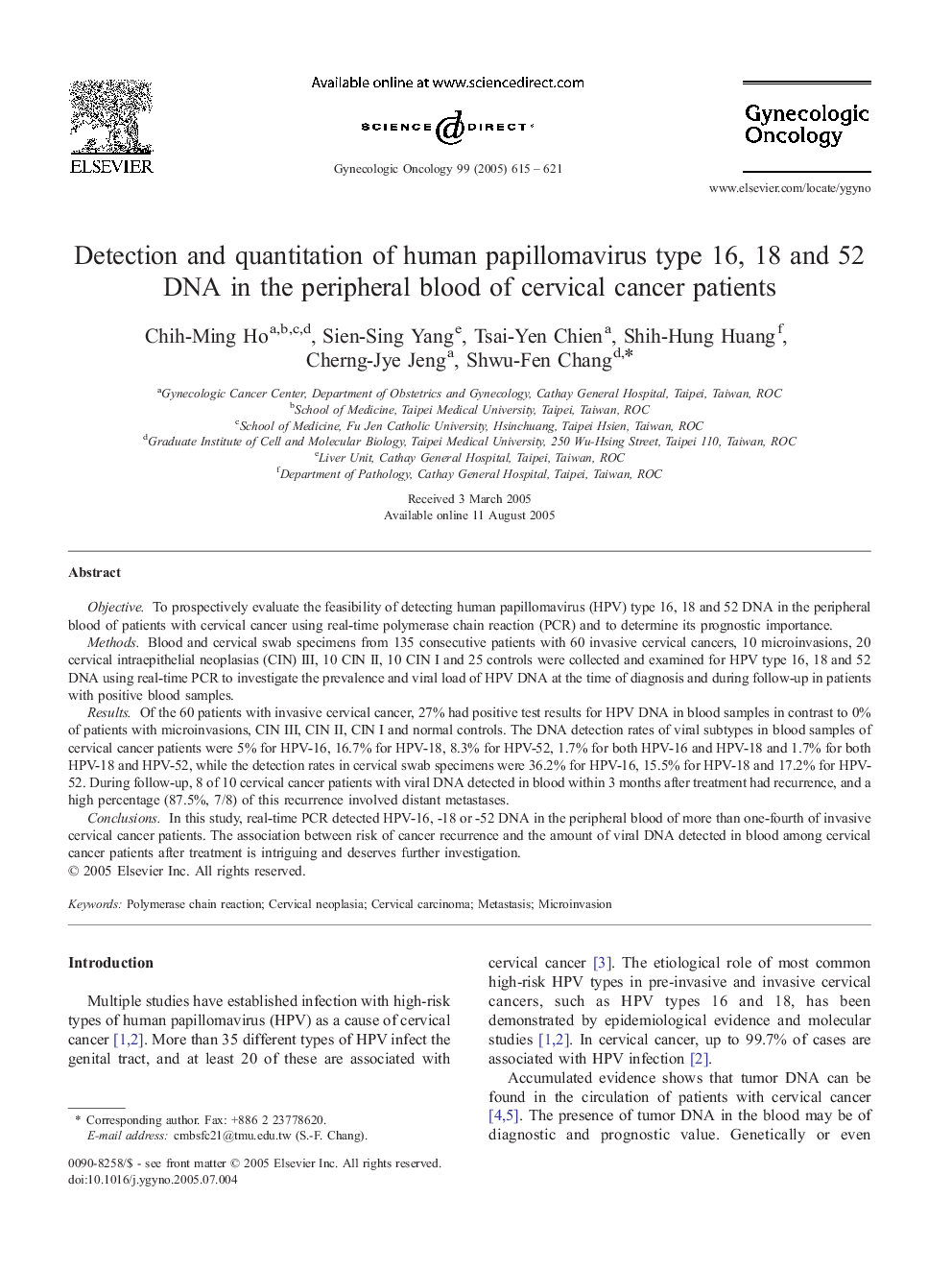 Detection and quantitation of human papillomavirus type 16, 18 and 52 DNA in the peripheral blood of cervical cancer patients